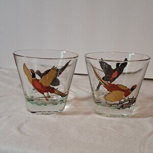 Hazel Atlas Pheasant Gold Red Whiskey Hunting Barware Old Fashion Glasses Set 2